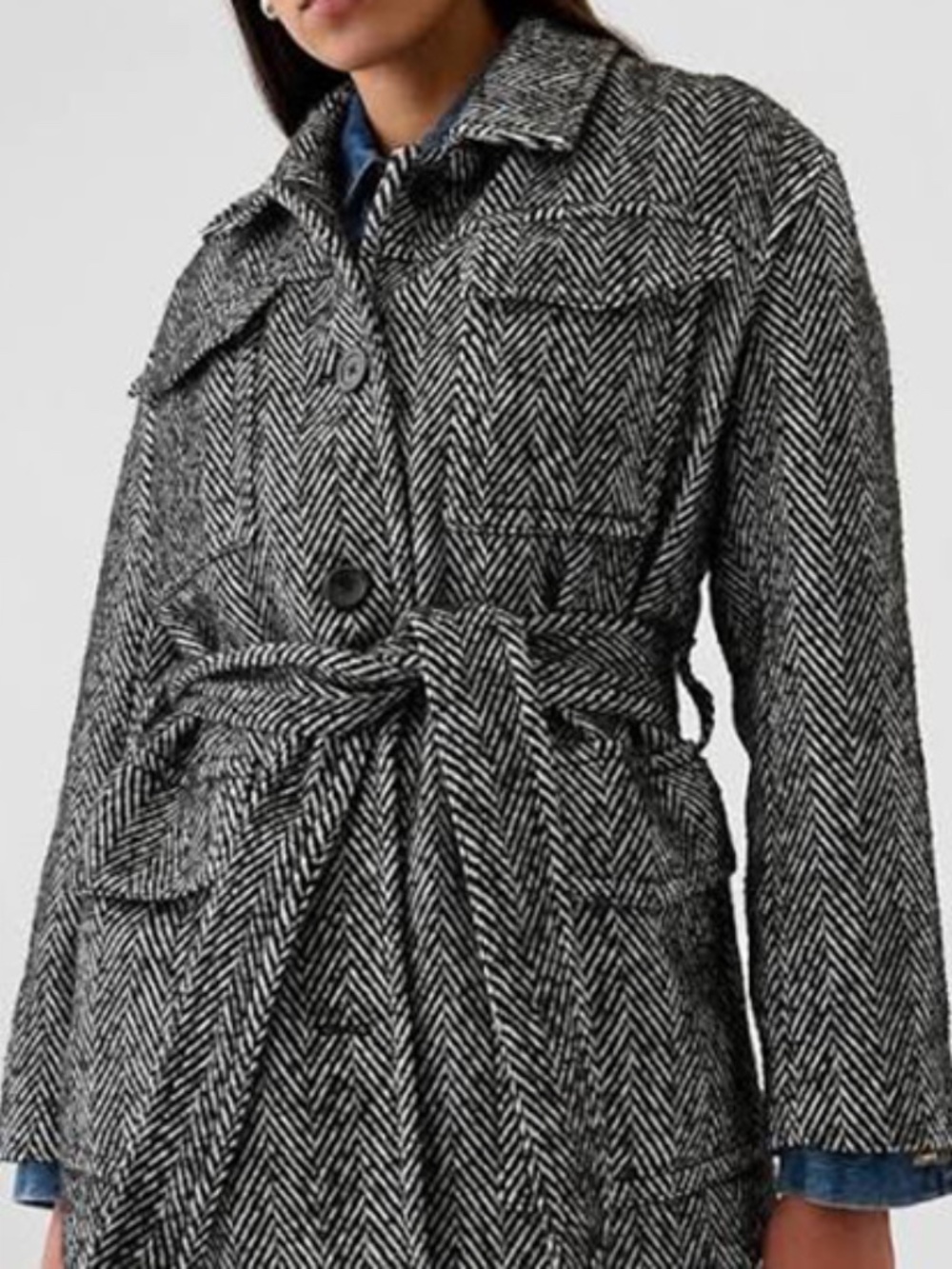 Gap Herringbone Belted Utility Jacket Black White XL Tall